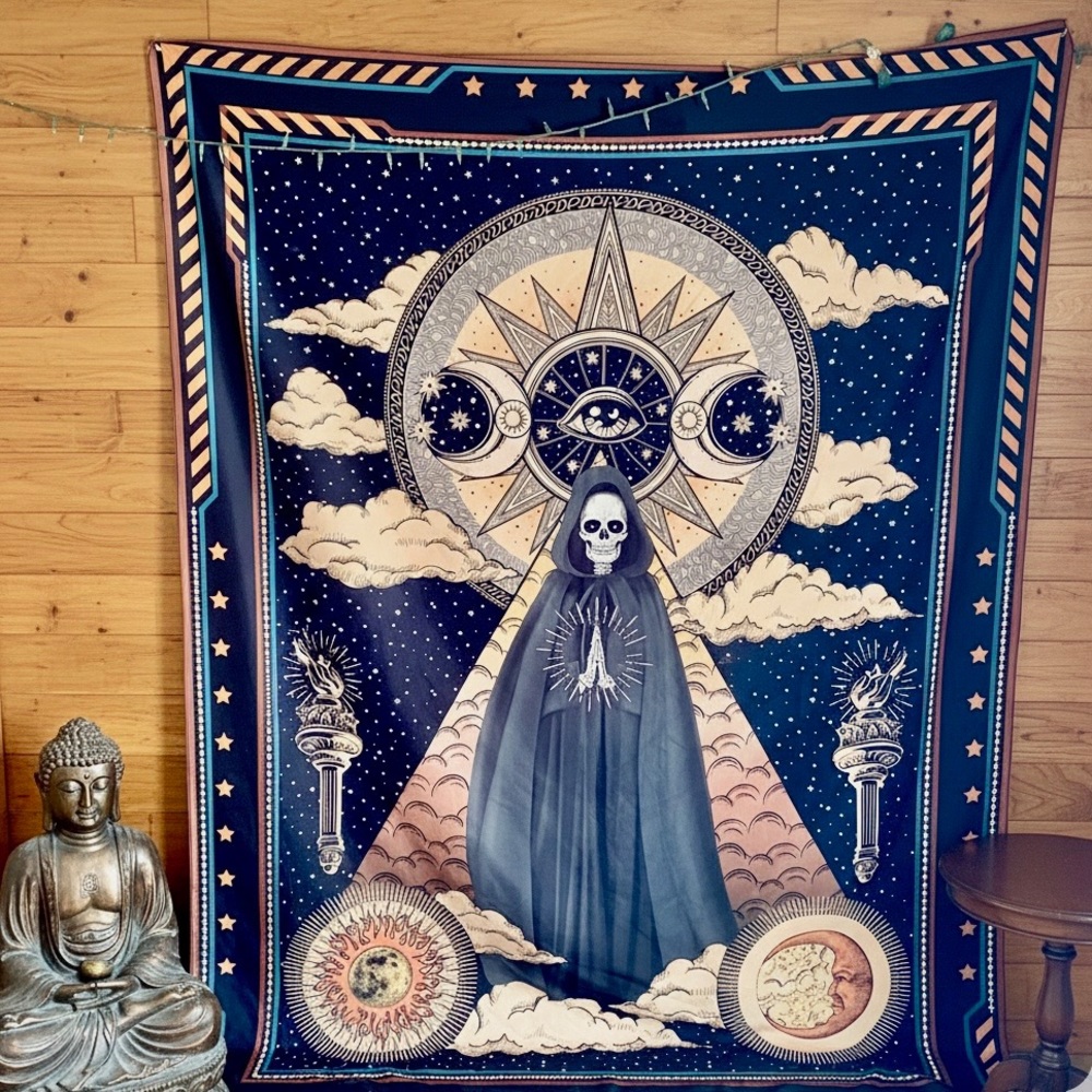 Massive Celestial Tarot Tapestry Moon, Sun, & All-Seeing Eye 4ft X 6ft Skeleton
